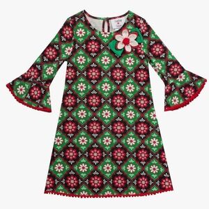Counting Daisies Dress Girls 5 Red Green Black Holiday Bell Sleeve Pom Pom